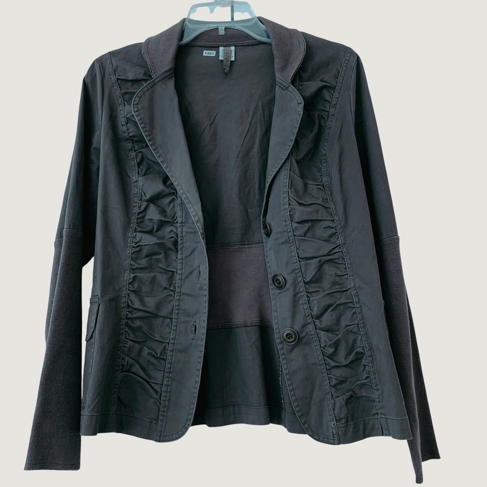XCVI Ruched Blazer Jacket Women Size M Gray 3-Button Stretch Cotton Blend